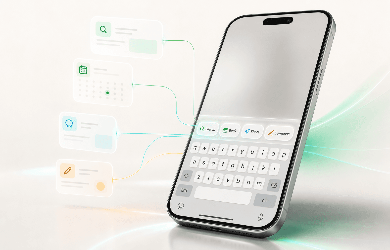 A smartphone keyboard turning into an AI command surface with search, booking, sharing, and compose actions